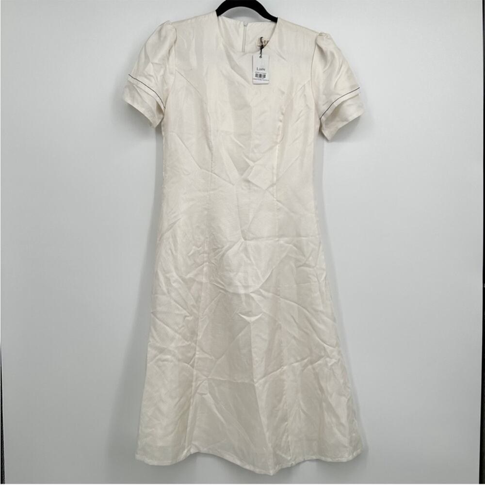 Lisou Camile 100% Silk A Line Skater Short Sleeve Dress Off White Women NEW 4